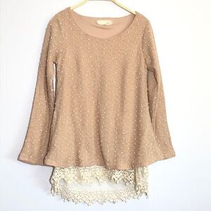 A’reve Anthropologie Sweater Womens Small Pink Crochet Lace Tulip Back Romantic